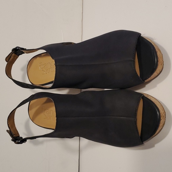 Franco Sarto Gabriel Black Leather Cork Wedge Sandals Size 8.5M - Picture 2 of 12